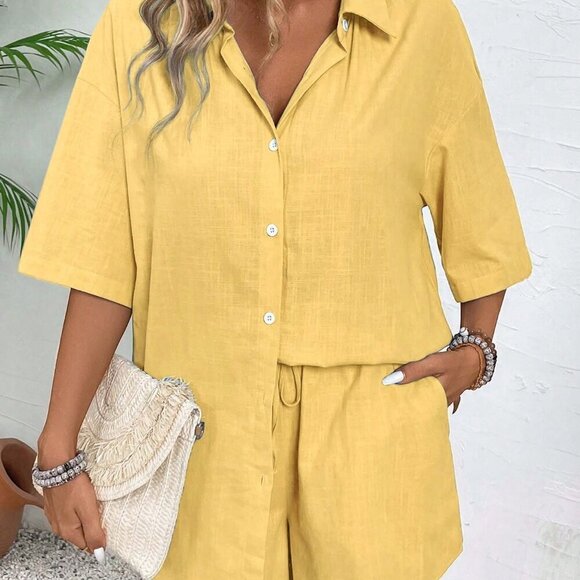 Yellow Casual Women's Vacation Short Sleeve Shirt And Shorts Set - Picture 5 of 7